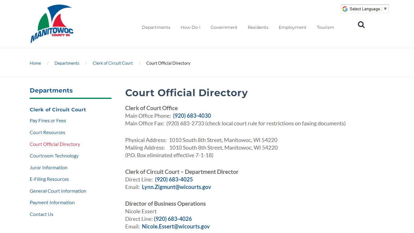 Manitowoc County - Court Official Directory